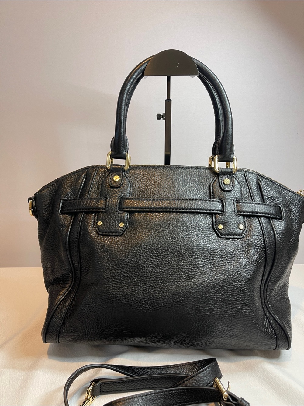 Michael Kors Hudson Black Soft Leather Belted Satchel Shoulder Bag - Picture 4 of 14